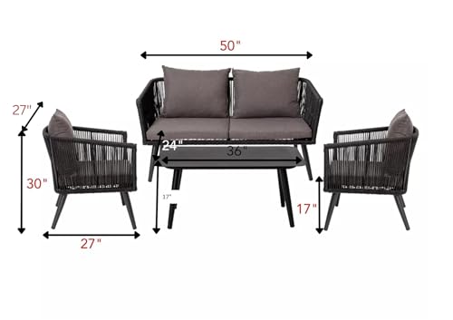 Image of DEVOKO Outdoor and Indoor 4 Seater Sofa with Center Table and Cushion Rope Chairs Set for Garden, Balcony (Black & Dark Grey)