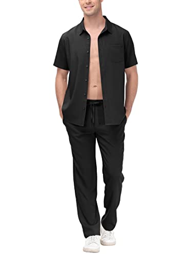 Basudam Men's 2 Piece Outfits Buttoned Shirt & Pants Sets Summer Fashion Home Tracksuits Black Xl #TOP2
