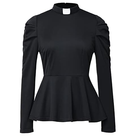 Women's Elegant Clergy Shirt Long Sleeve Ruffle Hem Ministers Clerical Blouse Casual Tops with Free Slip-in Tab Collar Black Cover