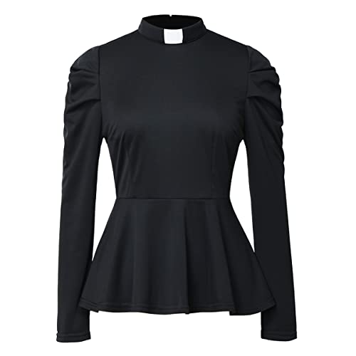 Women's Elegant Clergy Shirt Long Sleeve Ruffle Hem Ministers Blouse Casual Tops