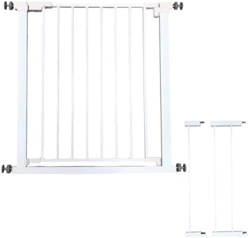 Barrera de Seguridad para Bebés y Mascotas, Ajustable 75-82 cm Extensible hasta 117 cm, Acero Blanco, Valla Escalera y Puerta sin Taladro, Cierre Automático, Apertura 1 Mano, Doble Seguridad