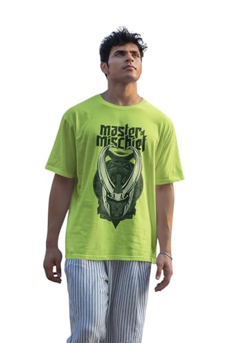 Image of SYOM Men's Oversized Graphic T-Shirt - Half Sleeve, Round Neck, Cotton-Blend Drop Shoulder Tee with inchLoki inch Logo & inchMaster Mischief inch Print