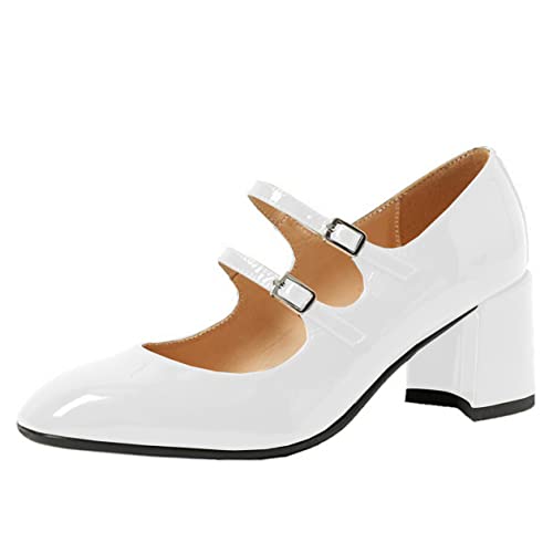 Women's Stylish Closed Round Toe Patent Leather Double Monk-Strap Vintage Low Chunky Heel Dress Mary Jane Pumps Shoes White Size 8.5