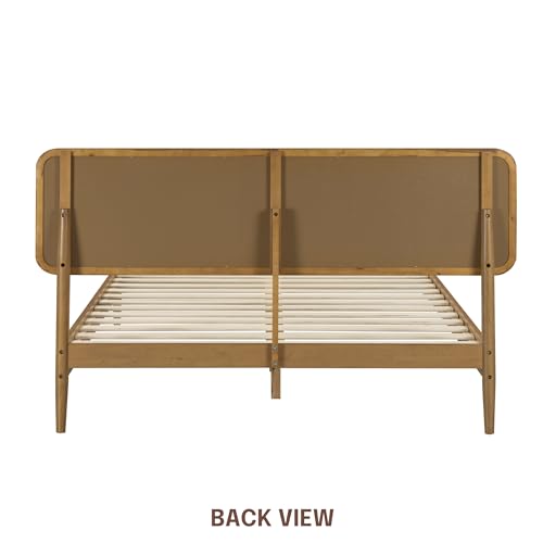 Image of NTC Lupin Wooden Bed Frame with Headboard, Solid Oak and Rubber Wood Foundation with Silent Slats and Wood Central Supports, 1000 Lb Capacity, Queen - Teak Look