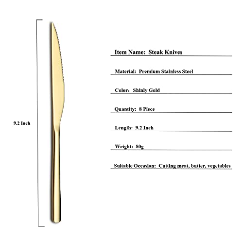 HOMQUEN Gold Steak Knives, 8 Piece Premium Stainless Steel Steak Knife Set, Meat Knife Sets, German Steak Knives Serrated, Tomato Knife, For Home, Kitchen or Restaurant, Dishwasher Safe (9.2 Inch)