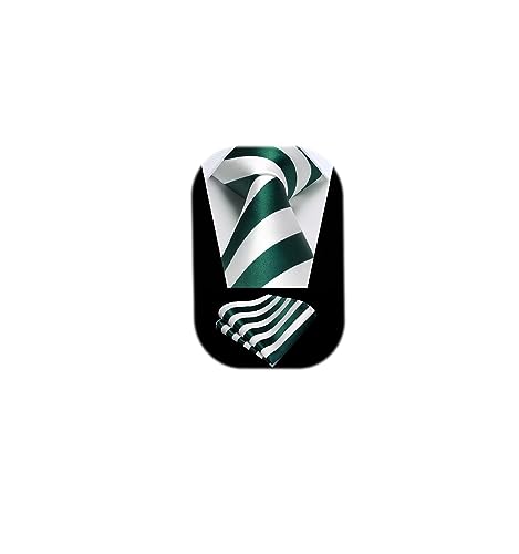 HISDERN Mens Ties Drak Green Tie and Handkerchief Set Green White Striped Business Formal Necktie Woven Pocket Square Set Wedding Christmas for Son