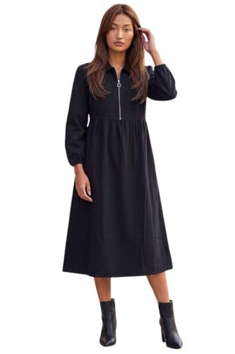 Image of Roman Originals Zip Front Collared Midi Dress for Women UK - Ladies Everyday Autumn Winter V-Neckline Comfy Soft Evening Vacation Work Party Night Out - Black - Size 14