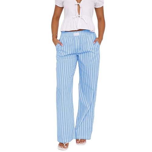 Striped Pants for Women Summer, Lightweight Pants Women, Wide Leg Elastic Waist Palazzo Pant Casual Baggy Trousers