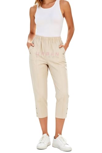 Image of URBAN STITCH Womens Capri Trousers Ladies Three Quarter Soft 3/4 Cropped Pants UK Ladies Stretch Pull on Trousers Elasticated Waist Plus Size Summer Shorts. (12, Ivory)