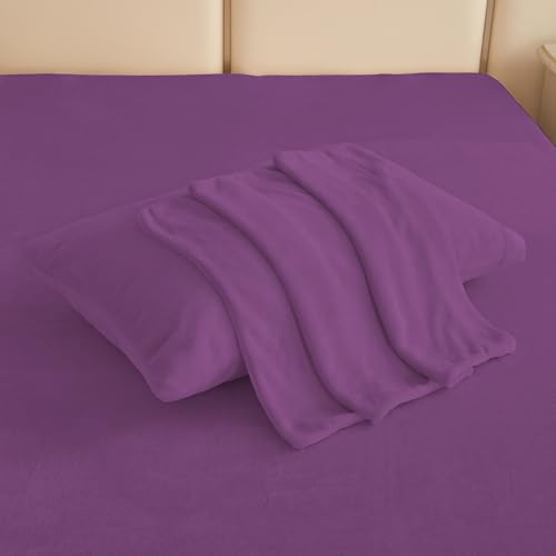 Image of Viviland Plush Microfleece King Bed Sheet Set, Purple | Soft Flannel-like Fleece, 100% Polyester, Fluffy Velvety Feel, 200GSM, 15 inch Deep Pocket, Warm Winter Gift & Decor