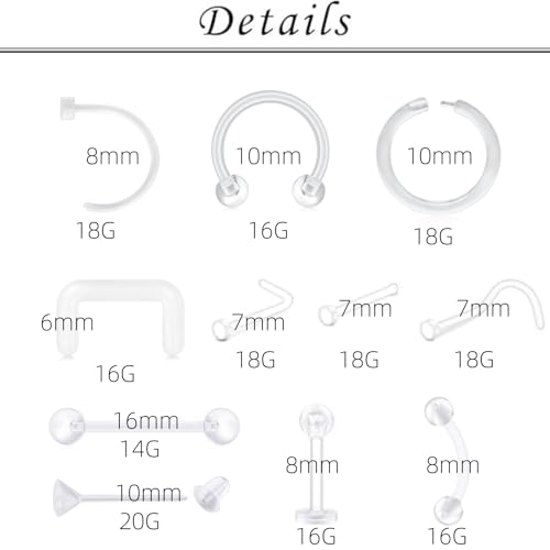 TOKRING Clear Nose Rings Studs Clear Piercing Retainer Set Septum Lip Cartilage Tongue Rook Daith Ear Industrial Belly Clear Piercing Jewelry for Work Surgery