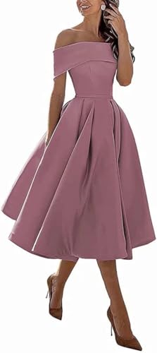 Image of Knee-Length Satin Off Shoulder Homecoming Dress Short Prom Cocktail Party Dress for Junior