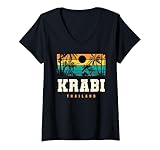 Mujer Krabi Tailandia Retro Atardecer Palm Beach Isla Tropical Camiseta Cuello V