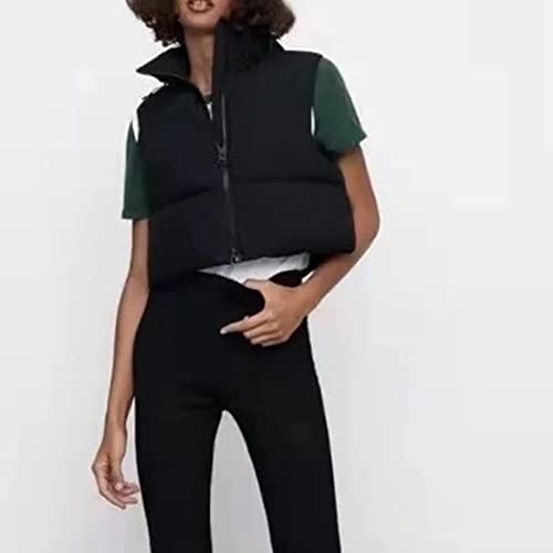 Ainangua Women's Crop Padded Vest Stand Collar Lightweight Sleeveless Puffer Zip Up Gilet Outerwear(Black,L) #TOP5