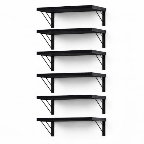 Image of BAYKA Wall Mounted Floating Bathroom Shelves, Black, 6-Set, Same Size | Wood Wall Shelf for Bathroom Essentials & Decor, Space-Saving Display & Organizer