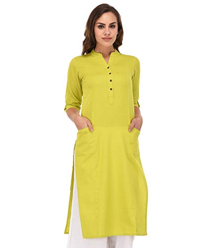 Image of Pistaa's Women's Cotton Relaxed Fit Straight Solid Kurta With Two Patch Pockets