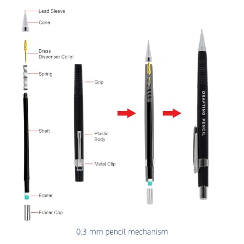 Image of Isomars Mechanical Pencil Set of 3 (0.3mm, 0.5mm & 0.7mm) with Leads & Erasers | Drafting Pencils for Drawing, Sketching, Writing & Technical Drafting | For Artists & Students