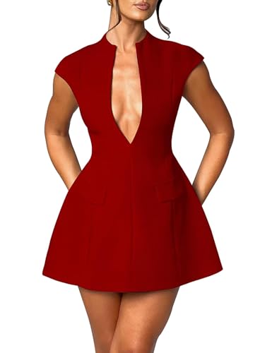 Women's Cap Sleeve Summer Dress Sexy Deep V Neck Mini Zipper A-line Dress Hollow Bodycon Night Out Party Dress3