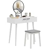 HOMCOM Tocador con Espejo y Taburete, Juego de Escritorio de Maquillaje con 2 cajones, Taburete Acolchado y Organizador de Maquillaje para Dormitorio y vestidor, 80 x 40 x 123 cm, Color Blanco