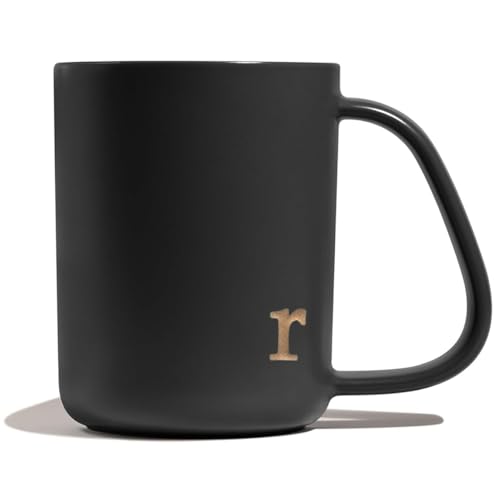 COLLECTIVE HOME - Ergonomic Handle Ceramic Mug, 15 oz Personalized Coffee Cup with Golden Initial, Microwave & Dishwasher Safe, Elegant Monogram Tea Mug in Gift Box for Home & Office (Black-r)