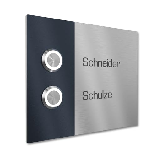 Graviers Design Zweifamilienhaus Klingel mit LED Klingeltaster 2 Namen Gravur - V2A Edelstahl Türklingel 140x115 mm - Unterputz wählbar Aufputz für Mehrfamilienhaus 2-fach