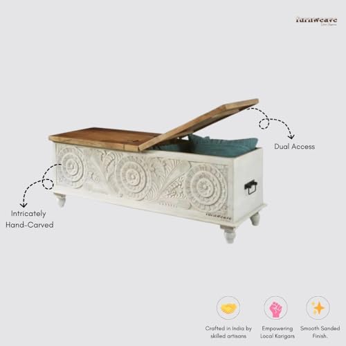 Image of Vifo Wooden Trunk Box for Storage | Solid Wood Coffee Table for Living Room | Handcrafted Center Tea Table with Sandook Storage for Living Room | Pitara for Home and Bedroom (White Wash)