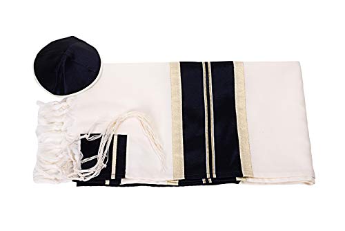 Personalized Wool Tallit, Black and Gold Stripes Men's Tallit Prayer Shawl Tzitzit from Israel 20 inch by 72 inch