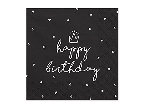 Lot de 20 serviettes de table Happy Birthday noires, anniversaire, fête en boîte anniversaire, 33 x 33 cm