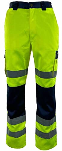 Mens High Visibility Summer Work Pants Hi Vis Pocketed Waterproof Cotton Trousers Adults Unisex Utility Work Pants Hi Viz Hi Vis Two Tone Work Trousers (Yellow/Navy Large)