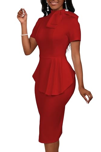 Image of PerZeal Women's Fashion Peplum Bodycon Short Sleeve Work Dresses Bow Club Ruffle Pencil Formal Cocktail Dress