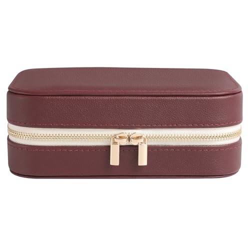 Image of Genuine Leather Travel Jewelry Organizer Case with Mirror for Women, Small Mini Portable Jewelry Box for Ring Earrings Necklace Bracelet Luxury Gift for Women(Burgundy)