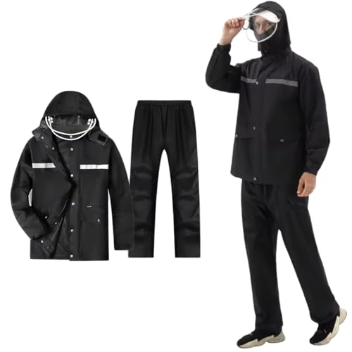Capa de Chuva Motoqueiro Jaqueta e Calça Impermeável Refletiva com Capuz com Zíper e Botões Conjunto Ideal para Motociclistas Entregadores Masculino Feminino (Tamanho G - 1,60M até 1,70M)