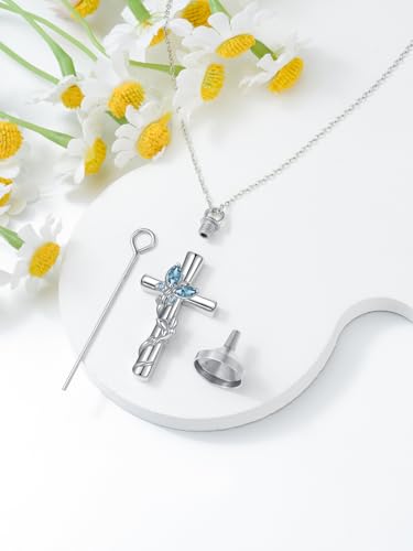 Butterfly Cross Urn Necklaces for Ashes Women White Gold Plated S925 Sterling Silver Funnel Filler Memorial Cremation Jewelry with Birthstone Sympathy Gifts for Women Loss of Loved One3
