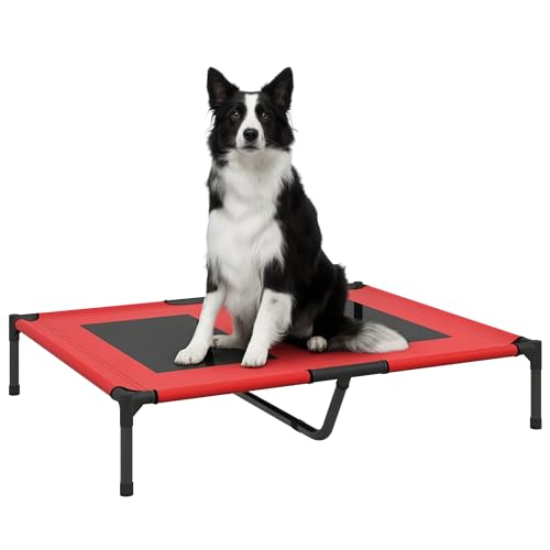 PawHut Lit sur Pieds lit pour Chien Chat lit de Camp surélevé Animaux Grand Confort Tissu Oxford textilène Micro-perforé métal 92L x 76l x 18H cm Rouge