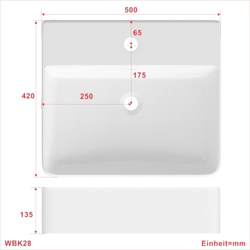 Waschbecken aus Keramik Weiß Eckig 50 x 42 cm Aufsatzwaschbecken für Waschtisch Unterschrank Waschplatz Hängewaschbecken Badezimmer Handwaschbecken Wandhängend Bad mit Hahnloch Überlauf Stockschrauben