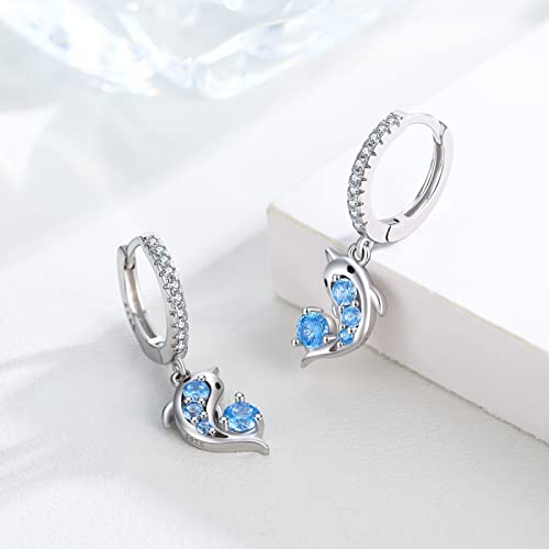 Dolphin Earrings For Women 925 Sterling Silver Dolphin Hoop Earrings Hypoallergenic Animal Dangle Drop Earrings Animal Jewelry Christmas Birthday Gifts For Women Girls Friends Teenage #TOP4