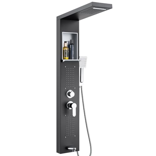 Auralum Colonne de Douche Noir Mat avec Niche, Panneau de Douche Mural 4 Fonctions, Douche Pluie, Douchette, Jets de Massage, Bec Baignoire, Inox et Laiton