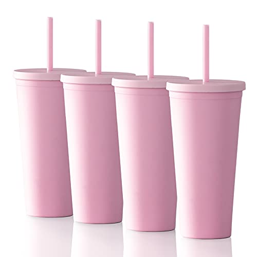 Image of STRATA CUPS Acrylic Tumbler with Lid and Straw (Pack of 4) - 22 oz Pastel Colored Cups, Double Wall Pink Plastic Bulk Tumbler with Lids and FREE Straw Cleaner, Tumblers for Vinyl Projects