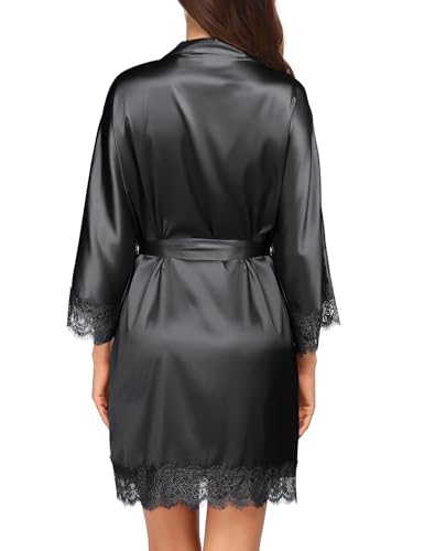 Image of Ekouaer Womens Silk Robes Short Lace Trim Satin Bride Bathrobe with Pockets