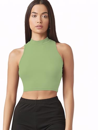 Image of Sugathari Women's & Girls' Solid Ribbed High Neck Sleeveless Crop Tops for Women (Top 37)