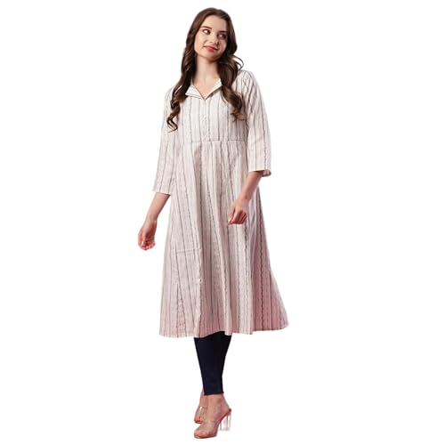 Image of Globus Women Green Casual Striped Lapel Shirt Collar 3 /4th Sleeve A-Line Kurta-3639791001