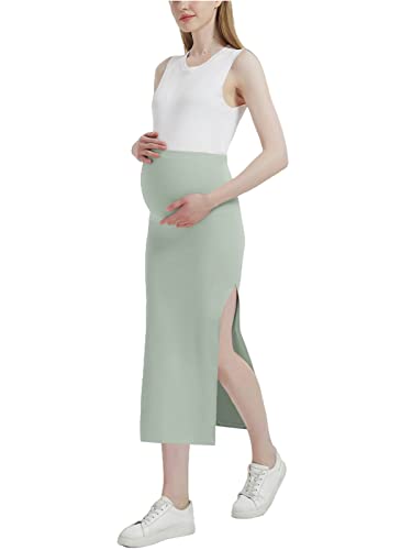 Exarus Women's Maternity Skirt Over The Belly Midi High Waist Side Slit Office Wear Pregnancy Outfits Pencil Skirts Dark Green M #TOP27