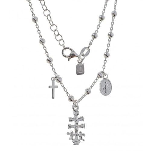 Inmaculada Romero IR Gargantilla Plata Ley 925m cadena 41cm. bolas 3mm. Cruz Caravaca 15mm. Virgen Milagrosa 8mm.