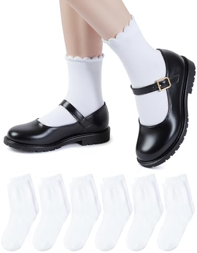 HONGTEYA 6 Pairs Girls White Ruffle Socks School Uniform Dress Socks for Kids Seamless Crew Ankle Cotton Size 4-14 Years