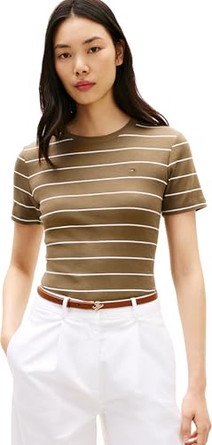 Tommy Hilfiger Donna T-Shirt Maniche Corte New Slim Cody con Scollo Rotondo, Marrone (Fine STP Mideterranean Olive/Ecru), XXS