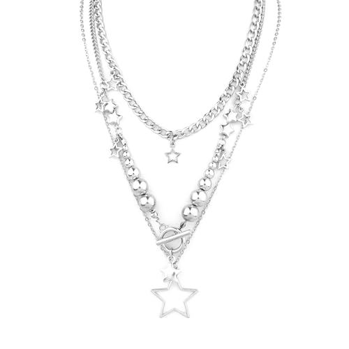 Silver Star Chain Choker Y2K Stackable Chunky Star Pendant Grunge Necklace for Punk Women Fashion Jewelry Accessories