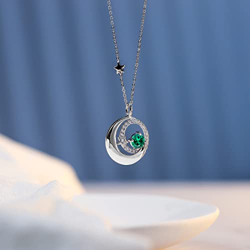 Fancime Emerald May Birthstone Necklace For Women Graduation Gift Moon Star Pendant 925 Sterling Silver Green Fine Jewelry Anniversary Birthday Gifts For Girls Mom Daughter, Adjustable Chain 16"+2" #TOP2