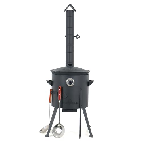 ZARENHOFF Set - Usbekischer Gusseisen Kasan 10 L runder Boden Deckel aus Aluminiumguss Schaumlöffel für Plov Schöpfkelle Thermometer (294)