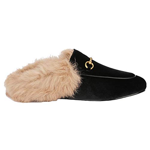 Fur Mules For Women Leather Slip-On Rabbit Furny Loafers Comfort Flats Slide Casual Shoes Black Velvet #TOP3