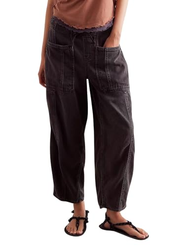 utcoco Womens Y2k Jeans Casual Loose Low Rise Drawstring Taper Barrel Denim Trousers - Main Image